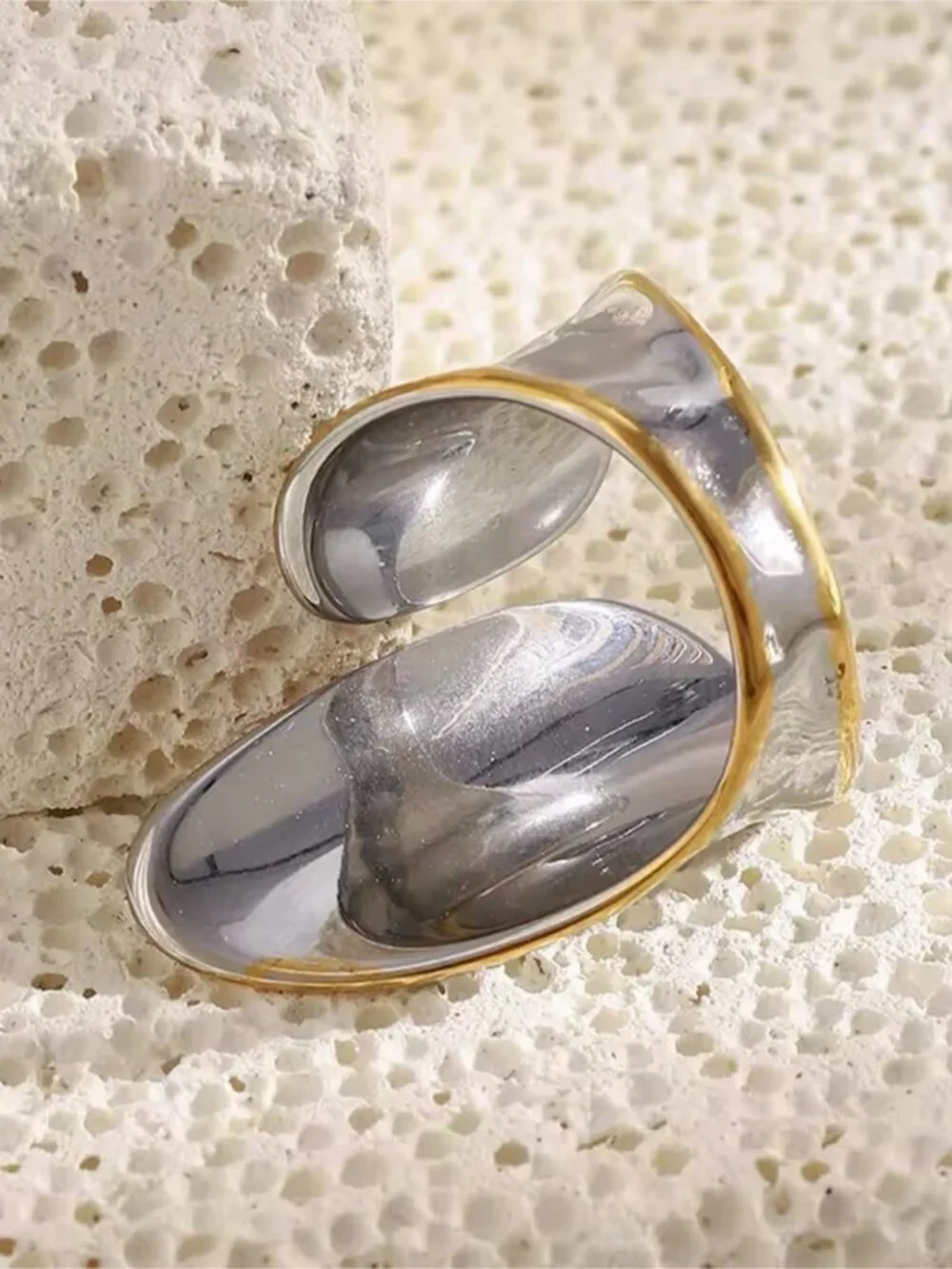Two-Tone Sculpted Statement Ring — Silver & Gold tones